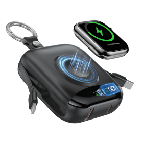 10000mAh Wireless Power Bank with Built-in USB-C & Lightning Cables, Black Portable Charger for Watch, Phone 16/15/14, Galaxy & AirPods
