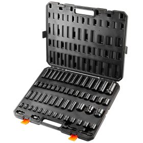 3/8" & 1/2" Drive Impact Socket Set, 59PCS Socket Set SAE 5/16" to 1-1/4" and Metric 6-32mm, 6 Point Cr-Mo Alloy Steel for Auto Repair