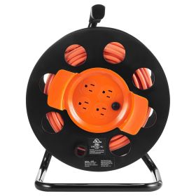 Extension Cord Reel, 100FT, with 4 Outlets and Dust Cover, Heavy Duty 14AWG SJTOW Power Cord, Manual Cord Reel with Portable Handle Circuit Break