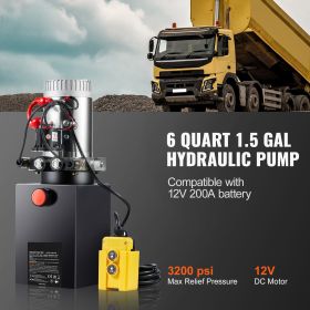 Hydraulic Pump, 6 Quart Hydraulic Power Unit, Double Acting Dump Trailer Pump, 0.91 GPM Flow Rate, 3200 PSI Max Relief Pressure