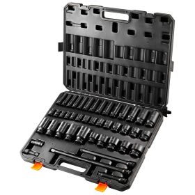 1/2" Drive Impact Socket Set, 43 Piece Deep & Shallow Socket Set SAE 3/8" to 1-1/2", 6 Point Cr-Mo Alloy Steel for Auto Repair