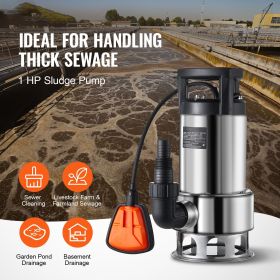 1HP Sump Pump, 4020GPH, 30FT Lift Stainless Steel Submersible Sludge Pump with 26FT Power Cord Automatic ON/OFF Float Switch