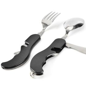 4 In 1 Outdoor Tableware Set Camping Cooking Supplies Stainless Steel Spoon Portable Fork Knife Multifunction Folding Portable Pocket Kits Bottle (Color: BLACK)